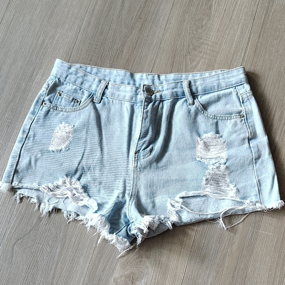 SHEIN Light Blue Ripped Denim Shorts